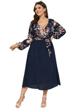Plus Size V Neck Floral Print Belt Design Patchwork Dress